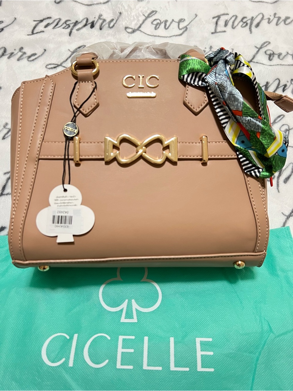 Blush Tan Top-Handle Satchel with Scarf Accent